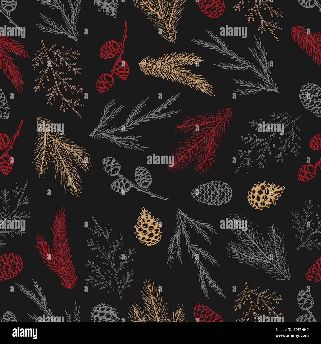 Xmas Seamless pattern with Christmas Tree Decorations, Pine Branches ...