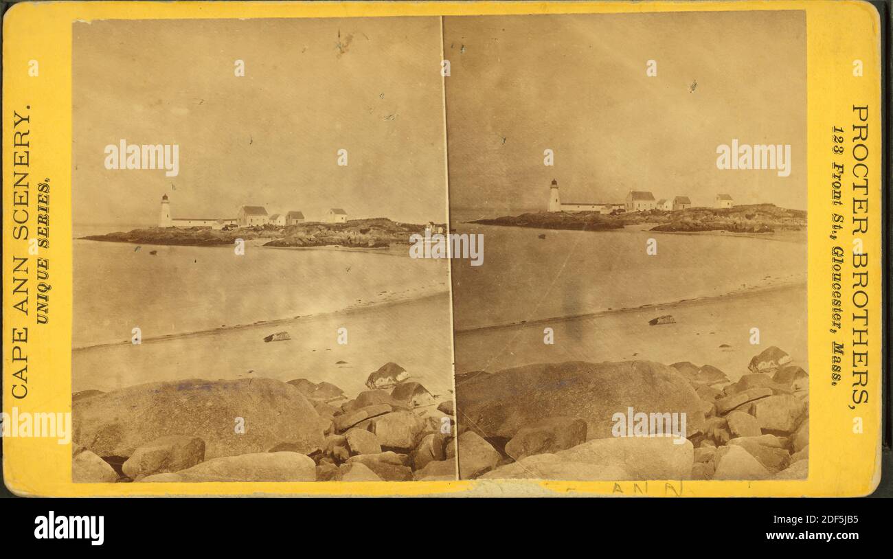 View of the shore with lighthouse in the distance., still image, Stereographs, 1850 - 1930, Procter Brothers Stock Photo