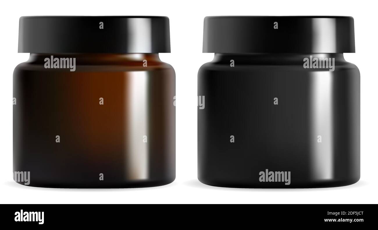 Cream jar. Black plastic cosmetic packaging mockup. Isolated brown glass container vector blank. Realistic amber can with glossy cap for face lotion. Stock Vector