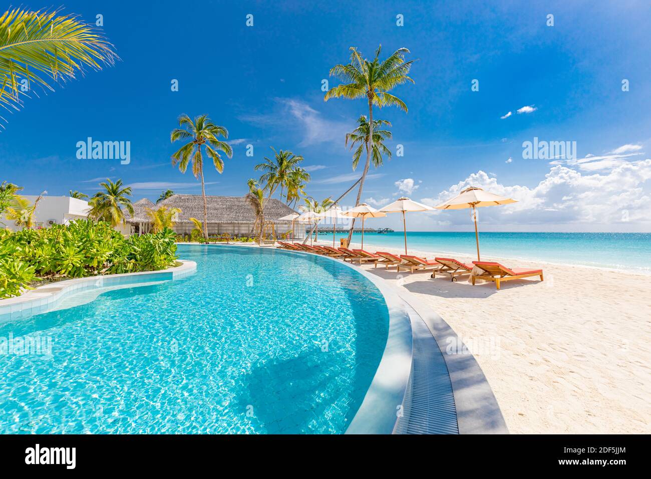 Beach landscape. Luxurious beach resort with swimming pool and beach chairs or loungers under umbrellas with palm trees, vacation, travel holiday Stock Photo