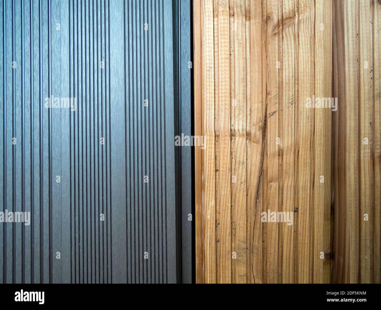 Wooden and polymer decking boards stand side by side Stock Photo Alamy