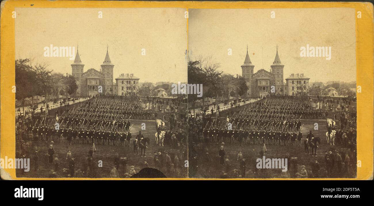 May training on south Common, jail in distance, 7 companies of the 6th Regiment Volunteers., still image, Stereographs, 1850 - 1930, Towle, S. (Simon Stock Photo