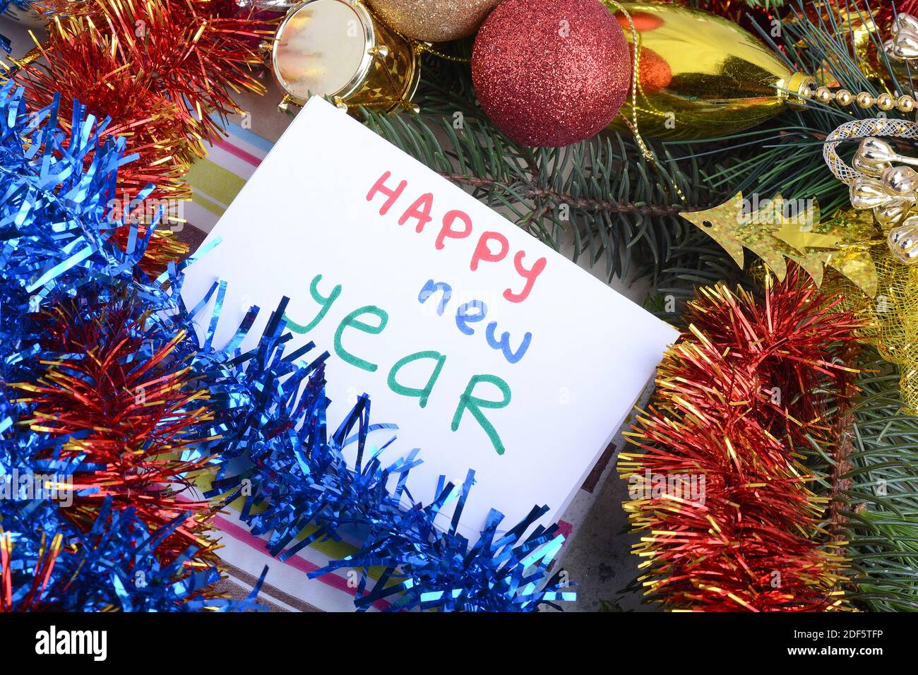 New Year and Christmas with balls and gifts. New year invitation card. Merry Christmas greeting decoration hoiliday card. Stock Photo