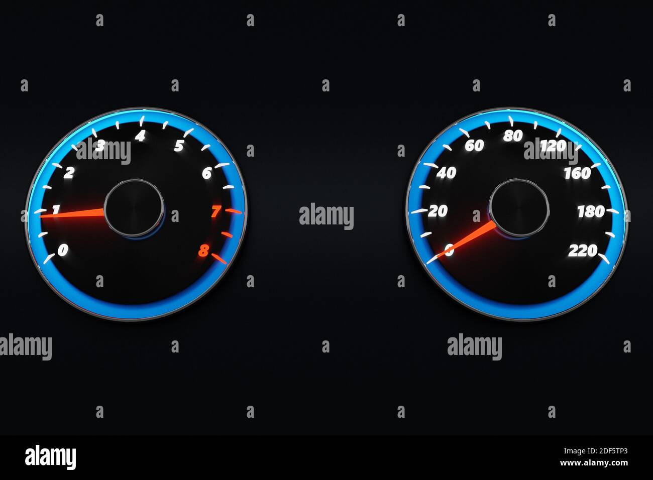 3D illustration new car interior details. Speedometer, tachometer with