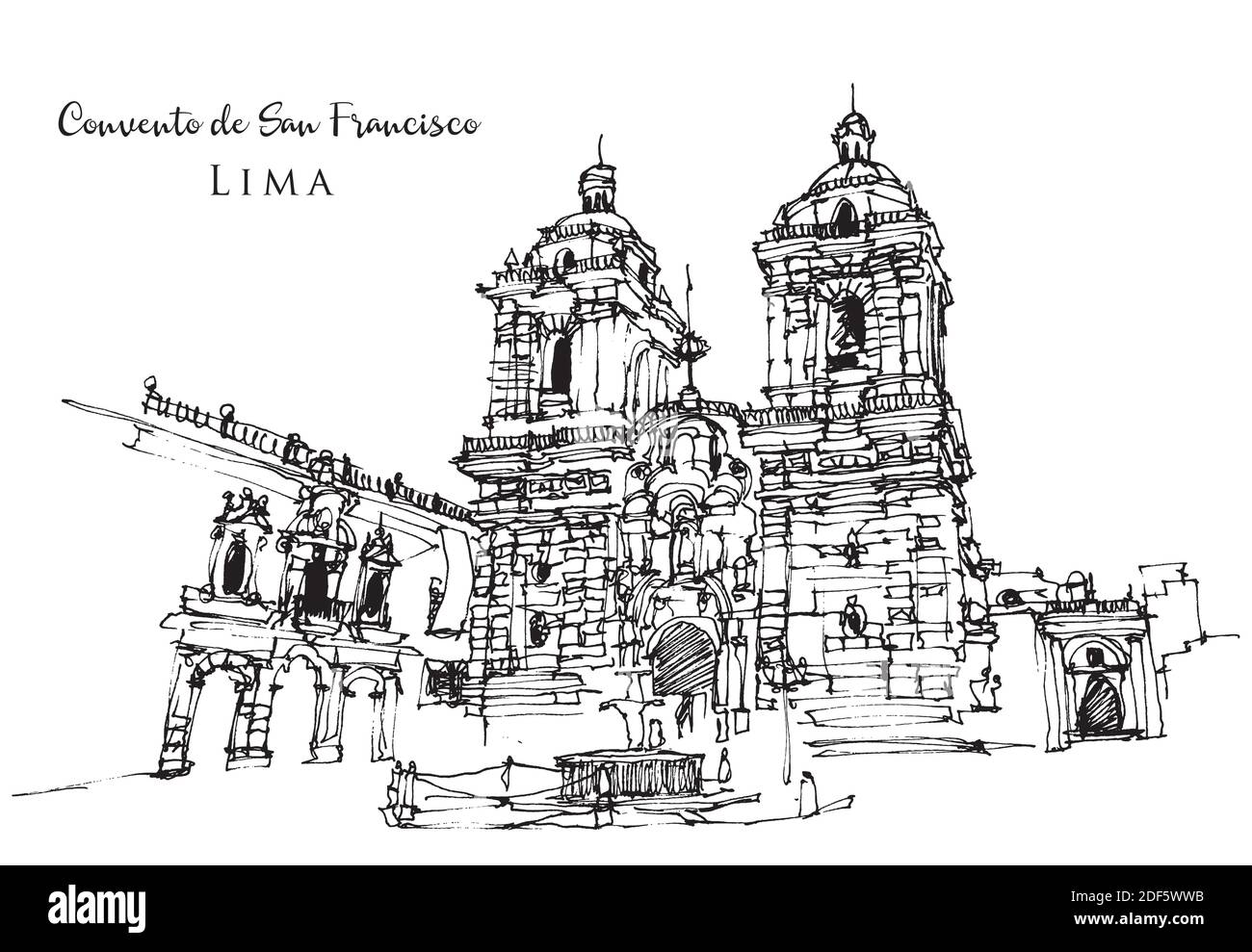 Vector hand drawn sketch illustration of Convento de San Francisco in Lima, Peru Stock Vector