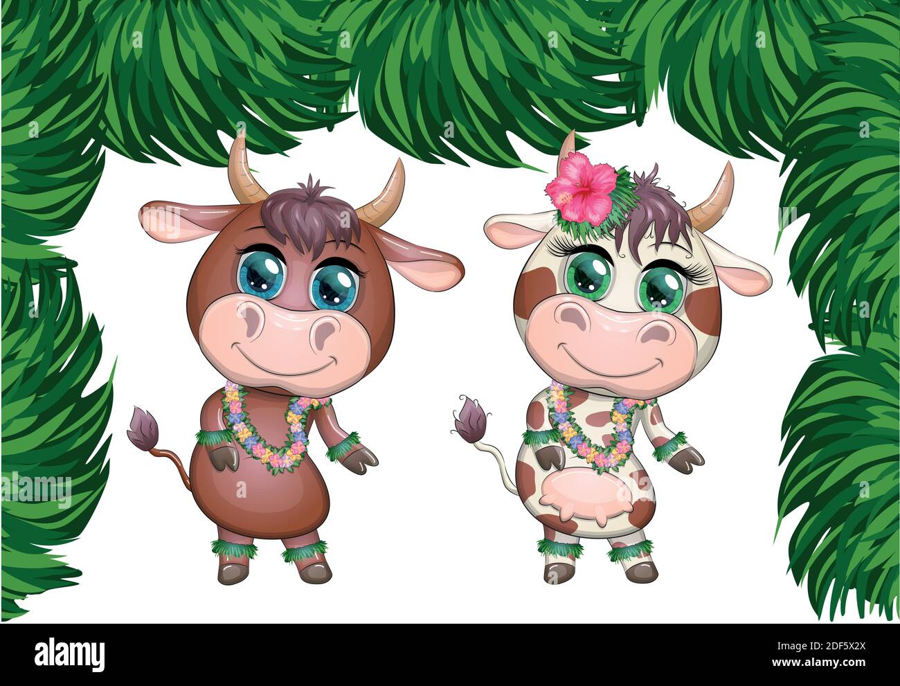 Download A Pair Of Cute Cartoon Bull And Cow With Beautiful Eyes Is The Character Of A Hawaiian Hula Dancer Among Leaves Flowers Funny Bull Dance 2021 Year Stock Vector Image Art