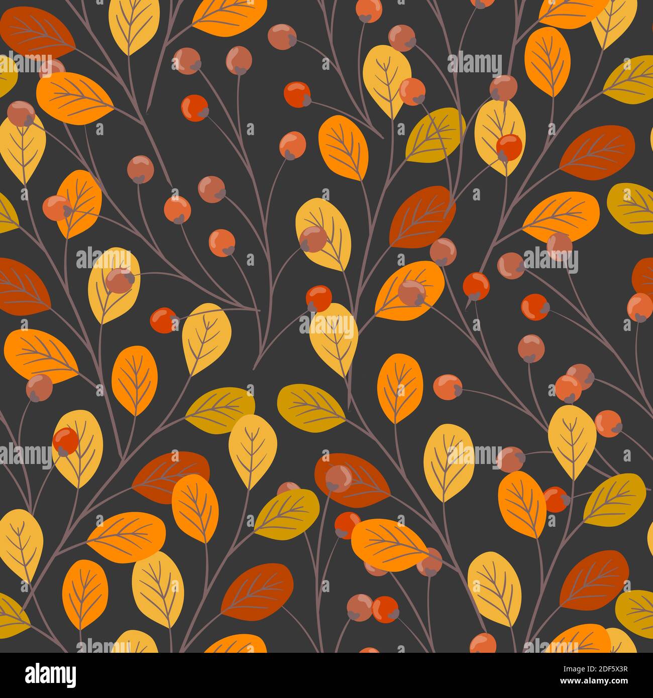 Autumn warm vector seamless  pattern with hand drawn leaves, berries and branches. Stock Vector