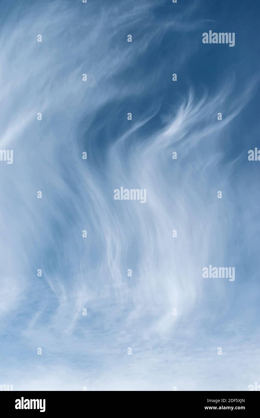 White feathery fluffy clouds on a blue sky, background and texture Stock Photo