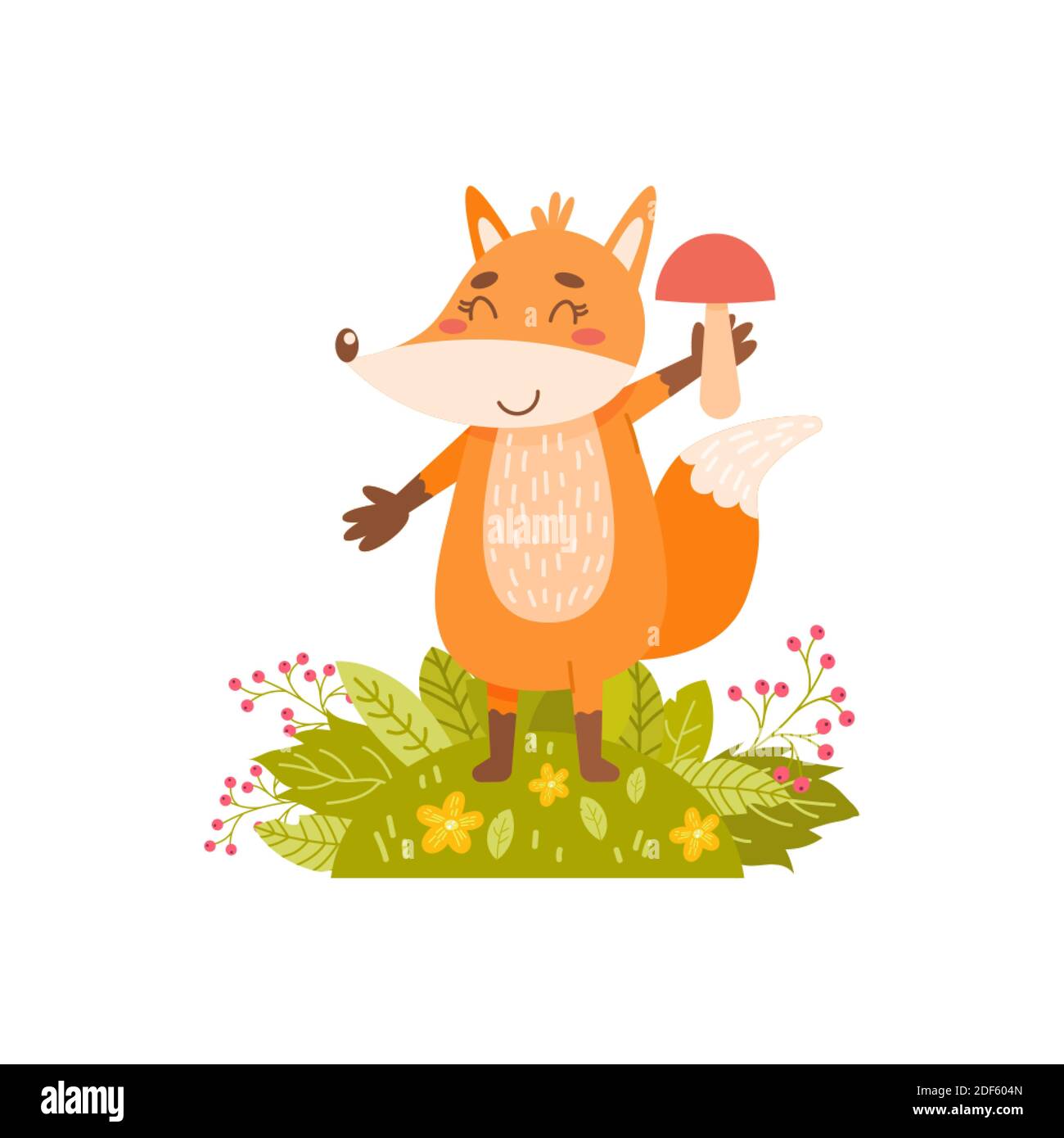 Cute fox holds a mushroom in his hand. Simple illustration on an isolated background. Can be used as a design for office supplies, prints on clothes. Stock Vector