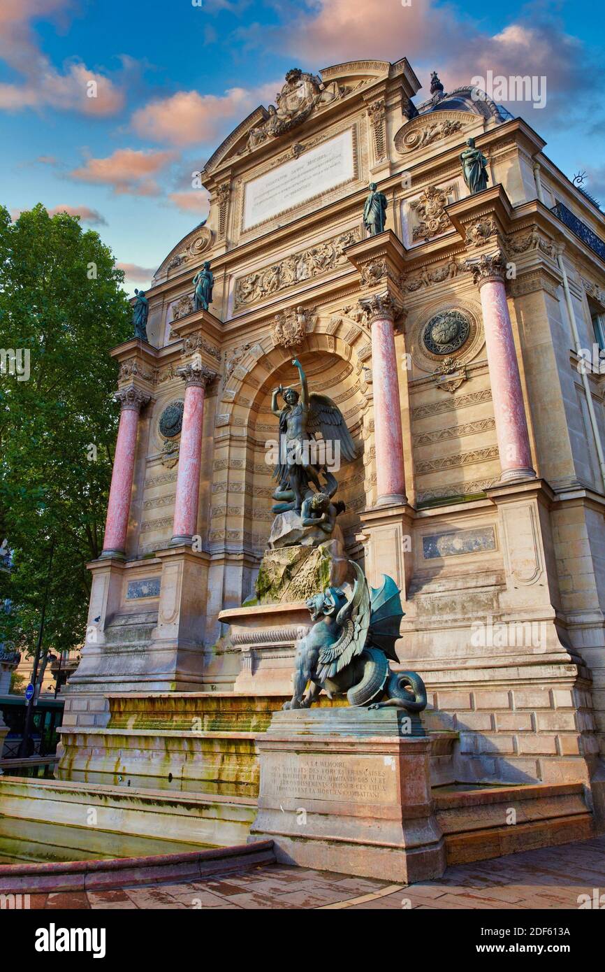Fontaine Saint Michel fountain. Saint Michel square. Latin Quarter. Paris. France. Europe.Paris. France. Europe. Stock Photo