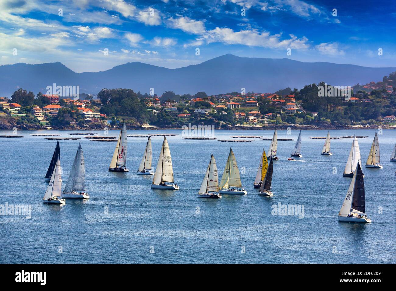 Sailboats in the Ria de Vigo, View from Baiona, Pontevedra, Galicia, Spain Stock Photo