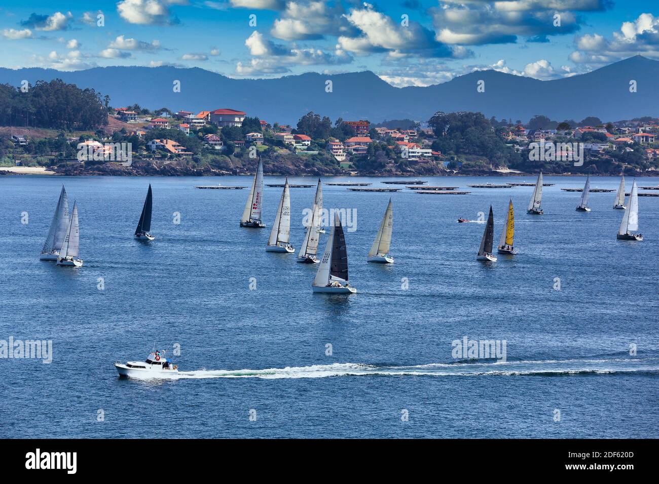 Sailboats in the Ria de Vigo, View from Baiona, Pontevedra, Galicia, Spain Stock Photo