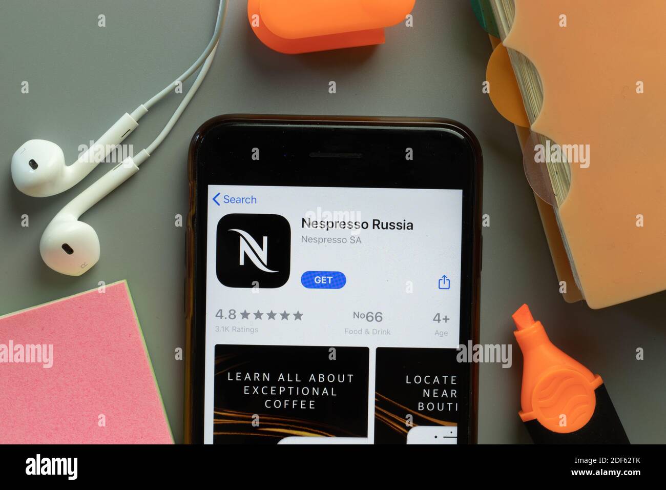 New York, USA - 1 December 2020: Nespresso mobile app icon on phone screen top view, Illustrative Editorial. Stock Photo