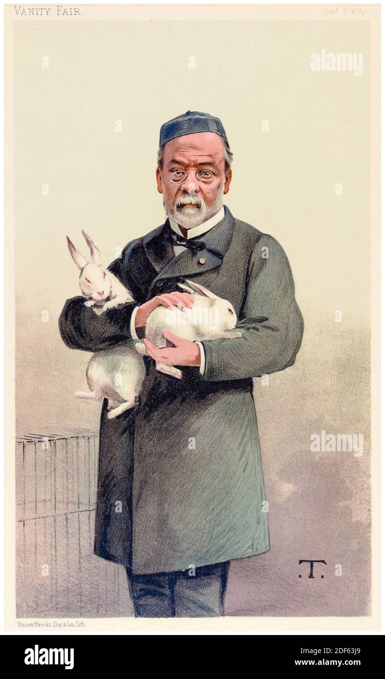 'Hydrophobia': French chemist Louis Pasteur (1822-1895), holding two white rabbits, caricature by Theobold Chartran, 1887 Stock Photo