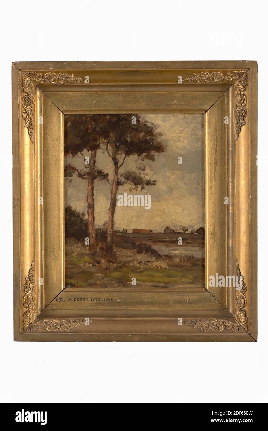 painting, Anthony Coert, late 19th or first half of the 20th century, panel, oil paint, painted, Carrier: 27.2 × 22.2 × 1cm 272 × 222 × 10mm, With frame: 40.1 × 35 × 6cm 401 × 350 × 60mm, landscape, forest, tree, painting depicting a landscape adjacent to a forest edge. On the left are two tall trees. On the right is a view over a lake with a building with a red roof. Not signed. The painting is in a gilded wooden frame. The name and dates of the painter's life are written at the bottom of the list, 1939 Stock Photo