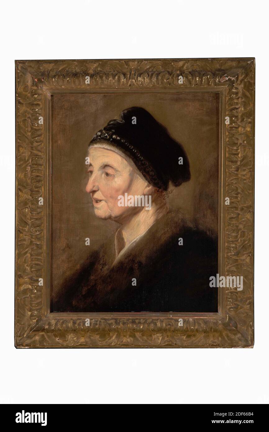 painting, Jacques des Rousseaux, first half 17th century, Signature front, left center, above the shoulder: JR [together], panel, oil paint, painted, Carrier: 48.7 × 37.7 × 0.7cm (487 × 377 7mm), With frame: 60.5 × 49.3 × 3.5cm (605 × 493 × 35mm), woman's portrait, Portrait of an old woman. The woman is turned completely to the left and is depicted as a bust. She has a black headgear on her head, with a jewel on the front. She is dressed in a black jacket with a brown shirt. Signed in the middle left. Painting is in a gilded wooden frame, 1981 Stock Photo