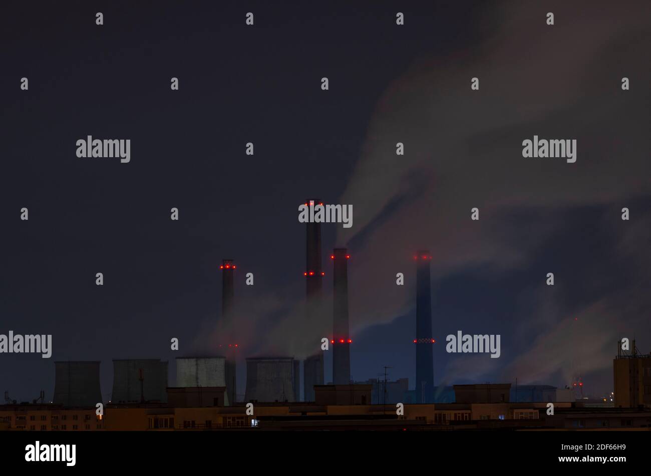 BUCHAREST, ROMANIA - 03 December 2020 - Night view of a coal-fired power station in Bucharest, Romania - Photo: Geopixnight Stock Photo