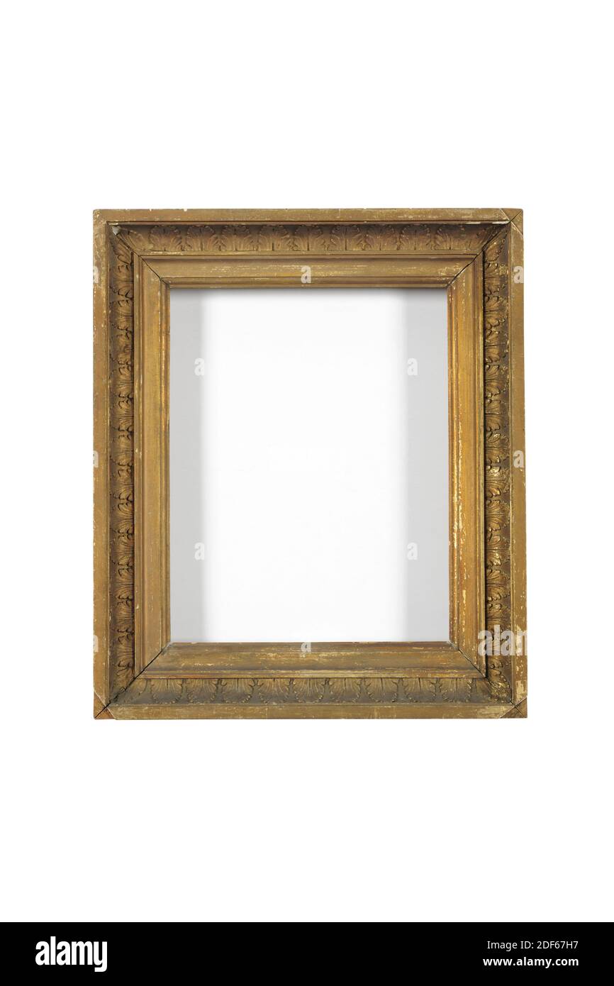 picture frame, Anonymous, first half of 19th century, plaster, gilding, wood, gilded, Gilded picture frame with a flat inner edge, followed by a hollow ascending bottom decorated with palmettes and a flat crown. The outer wall is straight, General: 44.1 x 37.4 x 5cm (441 x 374 x 50mm), Inner size: 33.5 x 26.7cm (335 x 267mm), Daylight size: 31.2 x 24.7cm (312) x 247mm Stock Photo
