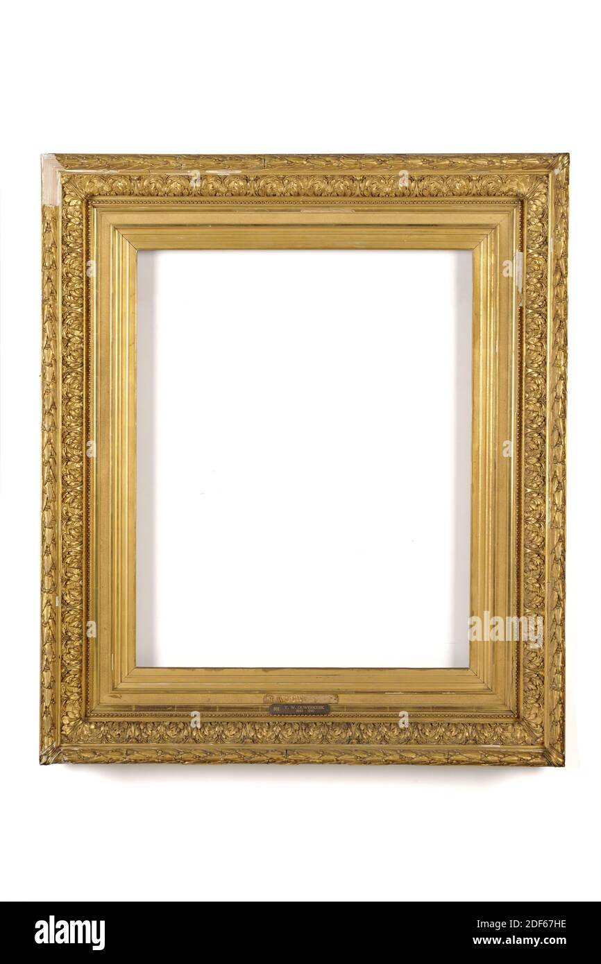picture frame, D. Sala and Zn. Frame factory, between 1890-1930, plaster, gilding, wood, gilded, Gilded picture frame with oief shape. In the bulge a border with acanthus leaves and on the crown a border with laurel leaves. The outer wall is hollow, closed with a narrow decorative edge. The inner frame starts with a pearl edge, then a hollow edge, a straight edge and then stepped down. The entire edge of the inner frame has numbers and names written in black ink: 292 J.B.J. Maes (1794-1856) Portrait of Mulder, M. Kamerlingh Onnes (1860-1925), 365 R. Raar (1854-1906), 778 Floris Verster 1861- Stock Photo