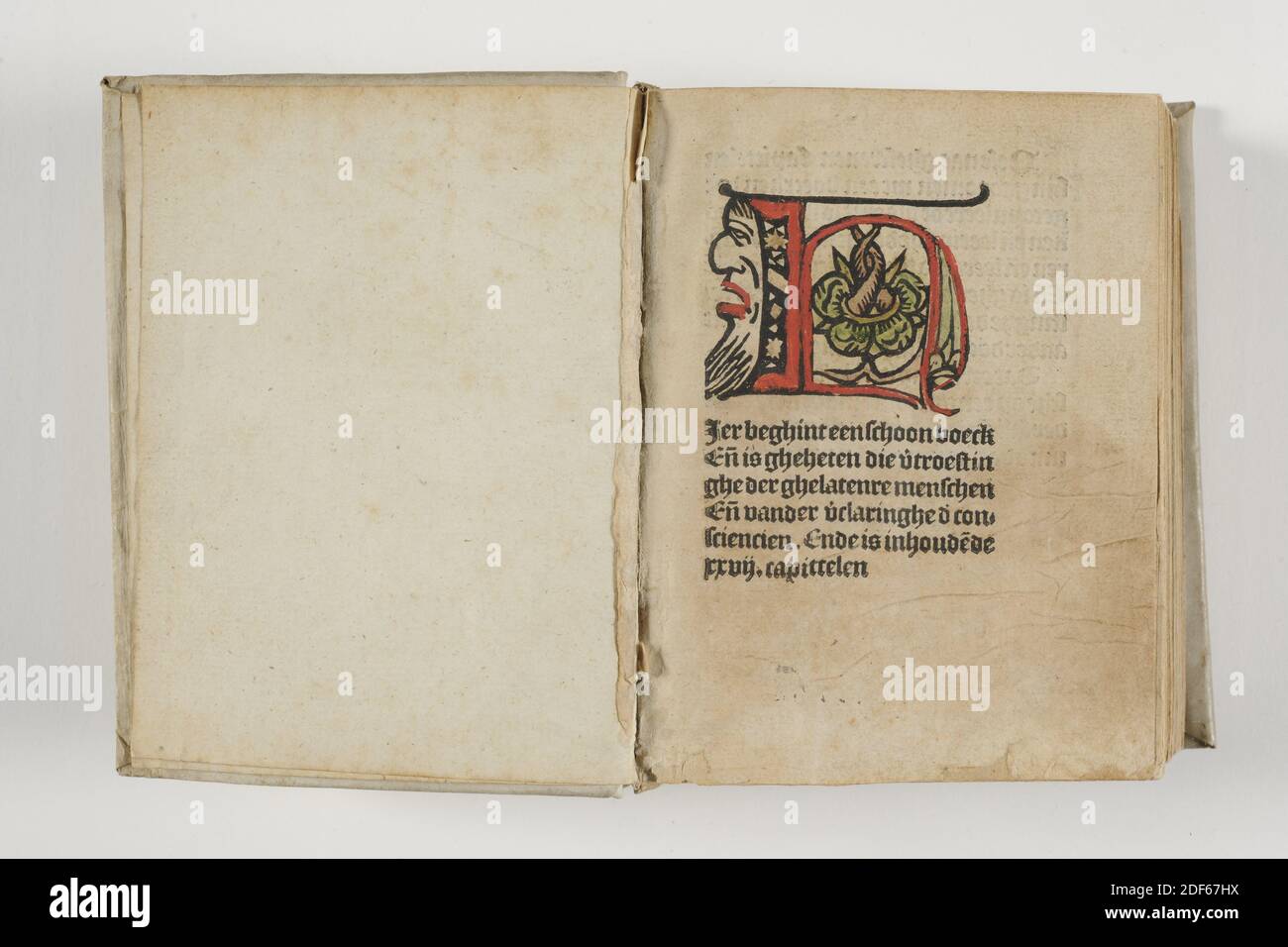 book, 1502, ink, cardboard, paper, General: 13.2 x 11.2 x 4.5cm (132 x 112 x 45mm), Prayer book titled Consolation of the left men and of the Verclaringhe der Consciencie, printed by Hugo Janszoon van Woerden. The bound book contains a plain cover. At the top of the spine is the title of the book Vertroostinghe der gelatenre menschen en der Verclaringhe der Consciencie and written with ink in Leyden 1502. The interior consists of unnumbered pages with only text. On the title page there is an initial of the letter H, richly decorated, with in black letters the text Here starts a beautiful boeck Stock Photo