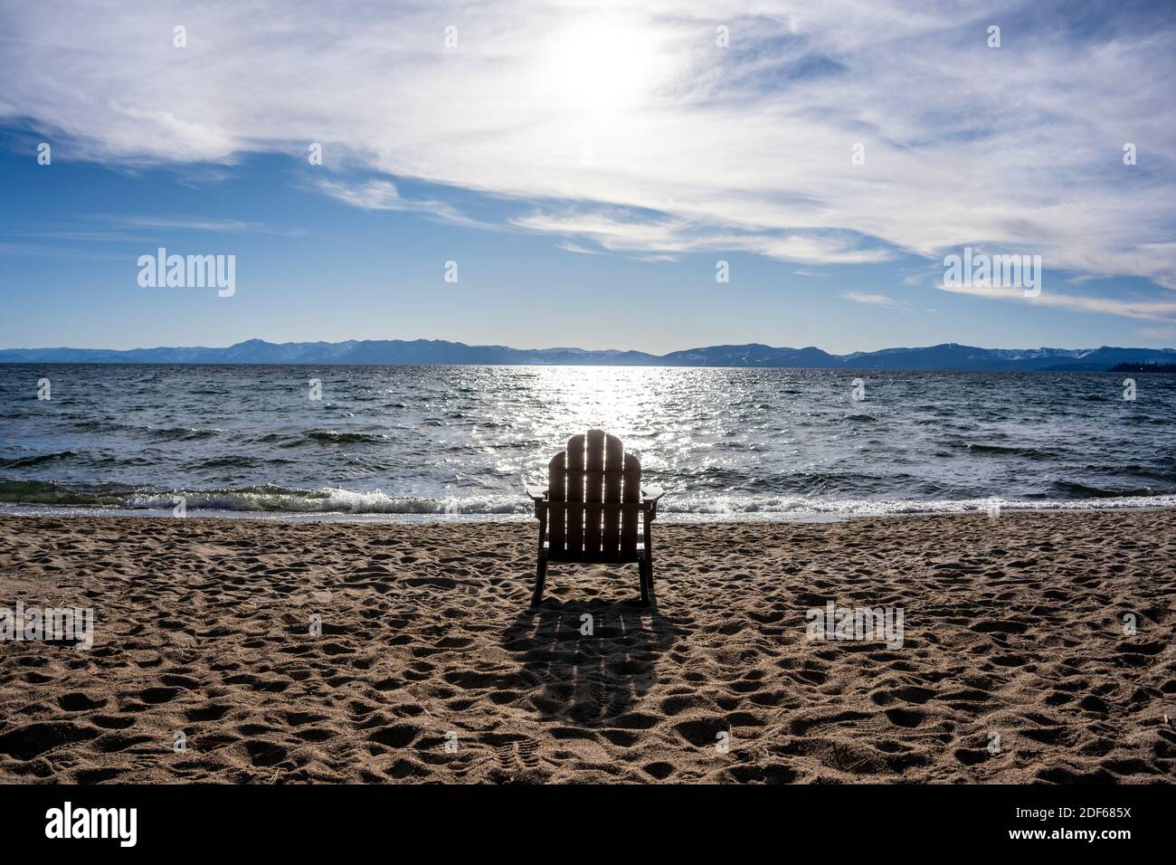 Wood Chair on a Lake Tahoe Beach Stock Photo