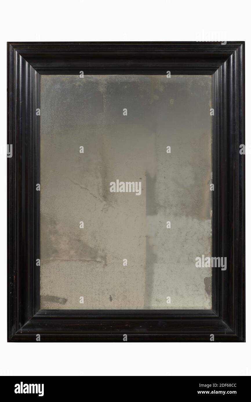 mirror, Anonymous, 17th century, ebony, glass, Wall mirror in superimposed ebony frame with an inverted profile and narrow profiles as frame. The mirror glass is ground, General: 104 × 81 × 6cm (1040 × 810 × 60mm Stock Photo