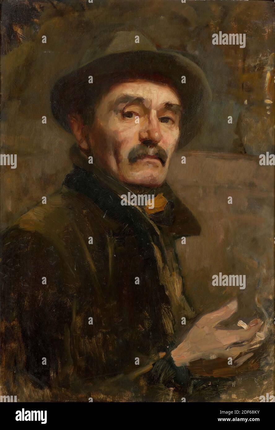 painting, Floris Arntzenius, c. 1900, cardboard, oil paint, painted, Carrier: 64 × 44 × 0.5cm (640 × 440 × 5mm), With frame: 76 × 56.5 × 5cm (760 565 × 50mm), self-portrait, man's portrait, watercolor with a portrait of a man: Gerrit Doeve. The man has a weathered face and wears a black cap, a black jacket and a dark blue polka dot scarf. Signed in the bottom right with white paint Stock Photo