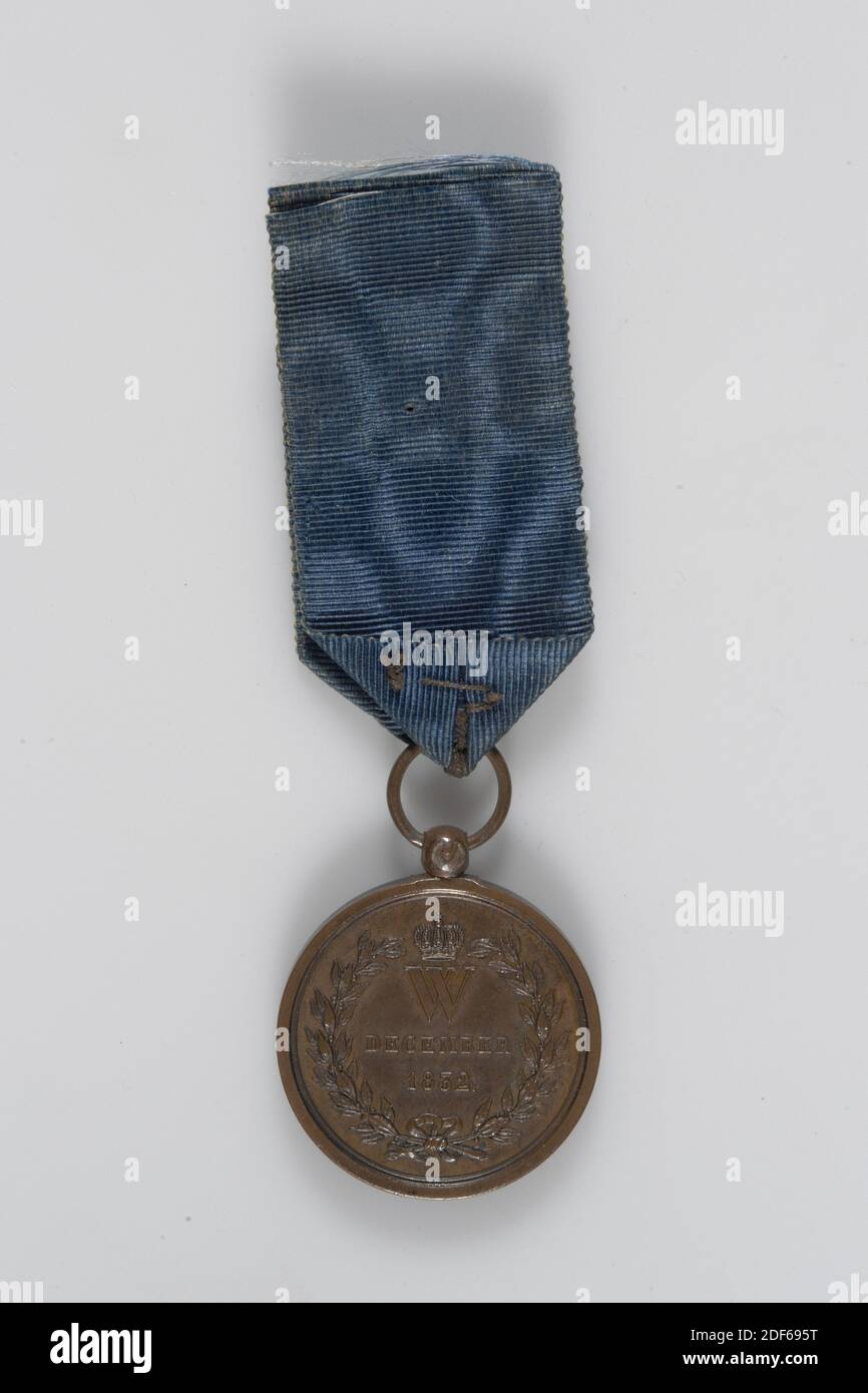 medal, 1832, cast, General: 4.4 x 3 x 0.3cm 44 x 30 x 3mm, Medal diameter: 3cm 30mm, Weight: 17.2g, Bronze Antwerp Medal or Citadel Medal 1832, worn by J. van Leeuwen. On the front is a citadel depicted with CITADEL VAN ANTWERPEN inside. The signature is below. On the back is a crowned letter W with DECEMBER 1832. It served as a reward to those who served in the citadel during the siege of Antwerp 1832, 1884 Stock Photo