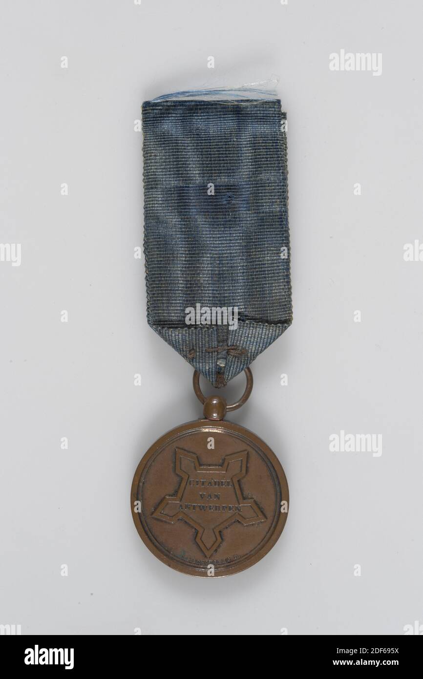 medal, 1832, cast, General: 4.4 x 3 x 0.3cm 44 x 30 x 3mm, Medal diameter: 3cm 30mm, Weight: 17.2g, Bronze Antwerp Medal or Citadel Medal 1832, worn by J. van Leeuwen. On the front is a citadel depicted with CITADEL VAN ANTWERPEN inside. The signature is below. On the back is a crowned letter W with DECEMBER 1832. It served as a reward to those who served in the citadel during the siege of Antwerp 1832, 1884 Stock Photo