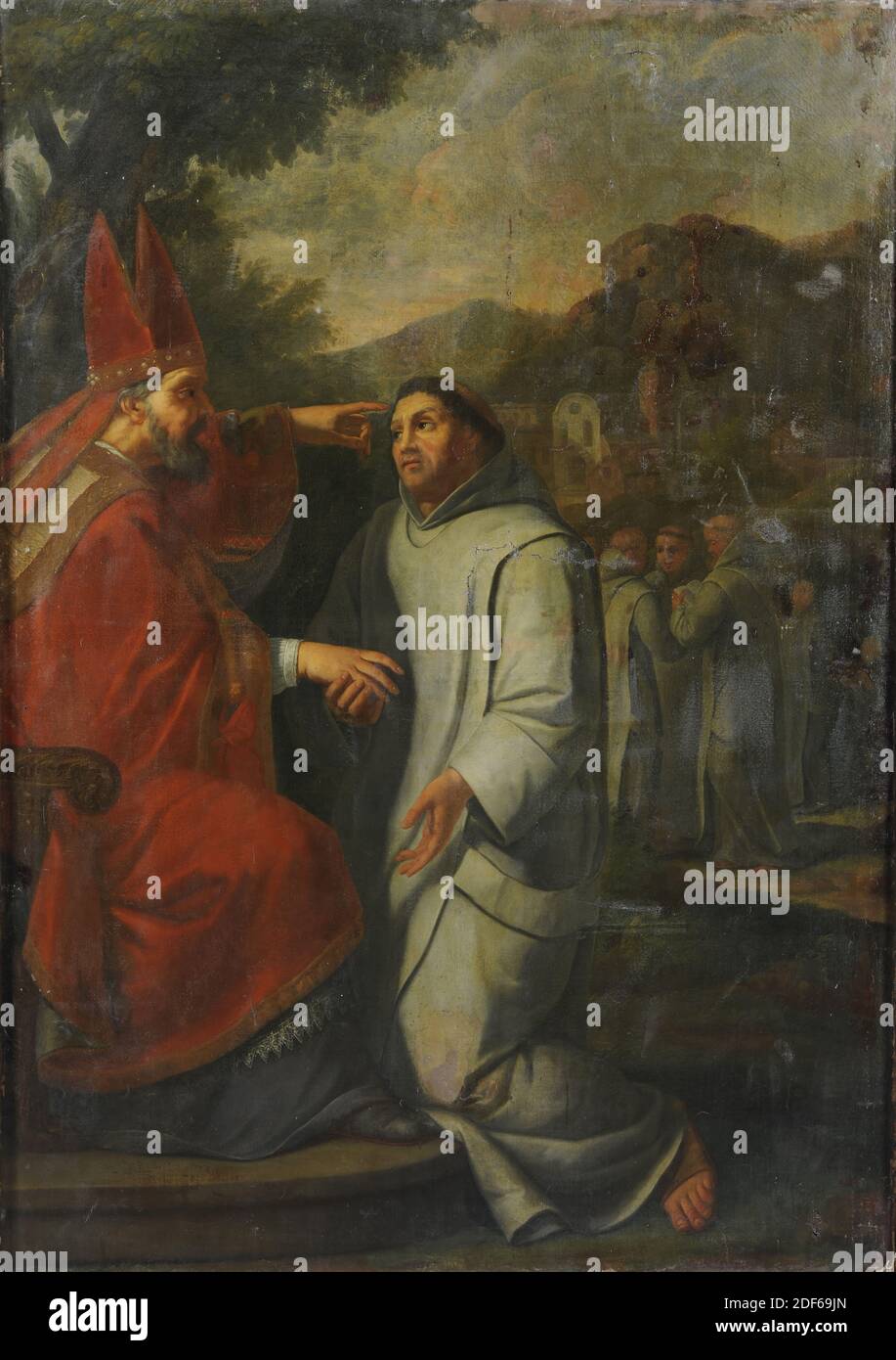 painting, Willem van Ingen, late 17th century, canvas, oil paint, painted, Carrier: 213 x 150.5 x 2.3cm 2130 x 1505 x 23mm, saint, chair, mountain landscape, man, tree, lead, Painting depicting Saints Bruno and Hugo of Grenoble. In a mountain landscape to the left on a throne is Saint Hugo, dressed in a red bishop's robe. He is sitting, fully turned to the right, full-length and wearing a red miter. He reaches the right hand to Saint Bruno kneeling in front of him and with the left hand points in the distance to the monastery buildings of the Chartreuse. Saint Bruno, like the six monks Stock Photo