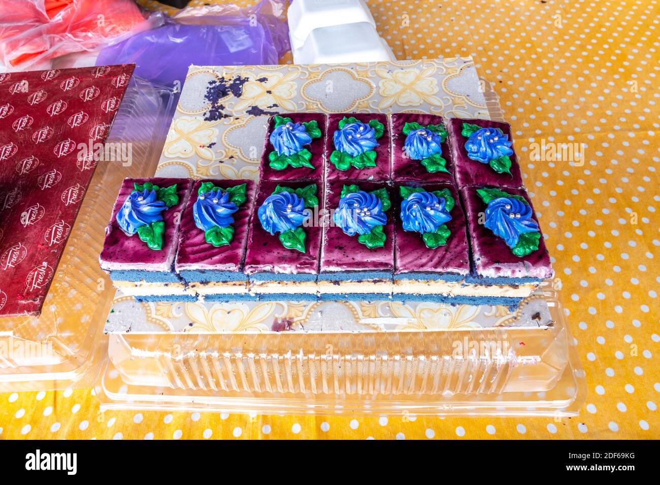 Icing cakes for sale at Simunjan market, Sarawak, East Malaysia Stock