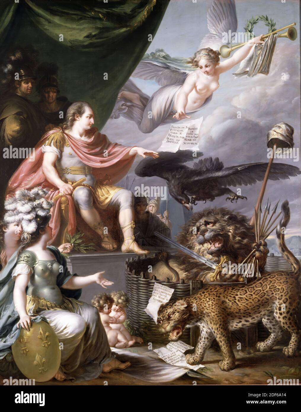 painting, Nicolas Joseph Delin, 1786, Signature front, bottom right: N. Delin pinx 1786, canvas, oil paint, painted, Overall dimensions according to catalog 1983: 215 × 170cm 2150 × 1700mm, With frame: 235 × 193 × 7.5cm 2350 × 1930 × 75mm, allegory, woman, personification, lion, man, lead, Painting with an allegorical representation of the Fourth English War. Seated to the left on a throne, King Louis XVI of France sends an eagle at the cornered Dutch lion. The lion holds a bundle of arrows in one claw and a sword in the other. A fence is placed around the lion, with a patriot hat on a long Stock Photo