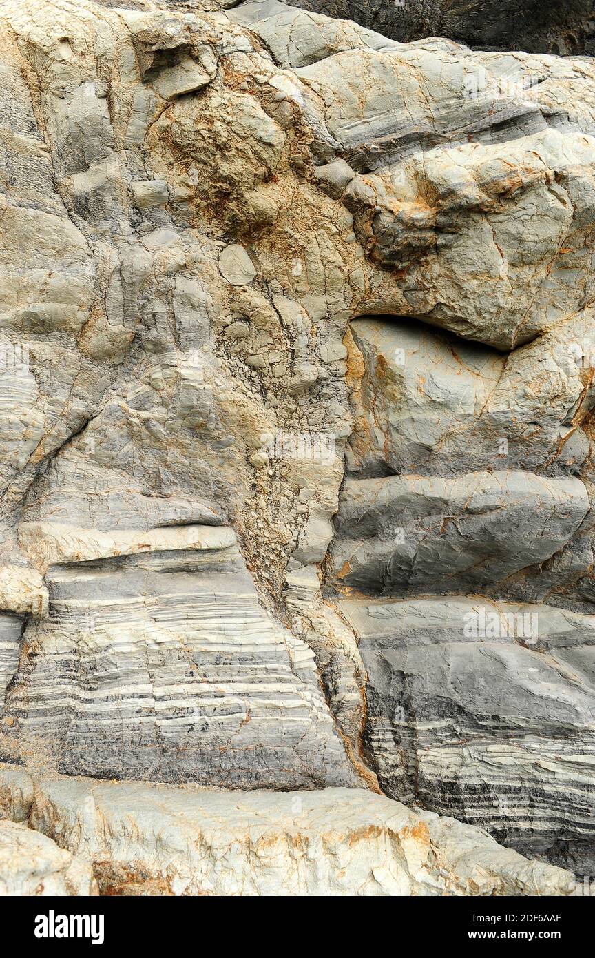 Breccia fault. Tectonics. Cataclasita. Cape Creus, Girona, Spain. Stock Photo