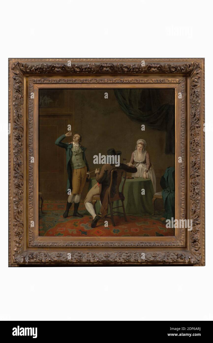 Wine Tasters, painting, Jan Ekels de Jonge, 1791, Signature front, upper right: Ekels F. Ao 1791, canvas, oil paint, painted, Carrier: 66 × 61 × 0.3cm 660 × 610 × 3mm, With frame: 89 × 84, 5 × 8cm 890 × 845 × 80mm, allegory, smoking, drinking, woman, genre, man, interior, Painting depicting men drinking in an interior. Depicted are two men and a woman in a room, the floor of which is covered with a fur carpet. A young man with a big black hat, a brown skirt, beige calf trousers and white stockings sits at a table covered with a green cloth. He holds a Gouda pipe in the left hand Stock Photo