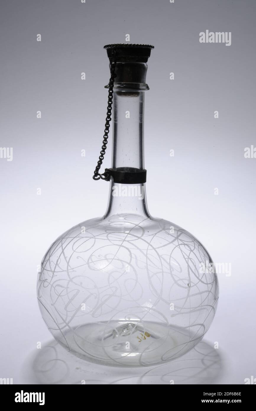 1669, silver, glass, General: 17.4 x 11cm, 174 x 110mm, Height with cork:  18.0cm / Diameter bottom: 5.8cm, Bottle of colorless glass with cork and  frame. The bottle has a round base