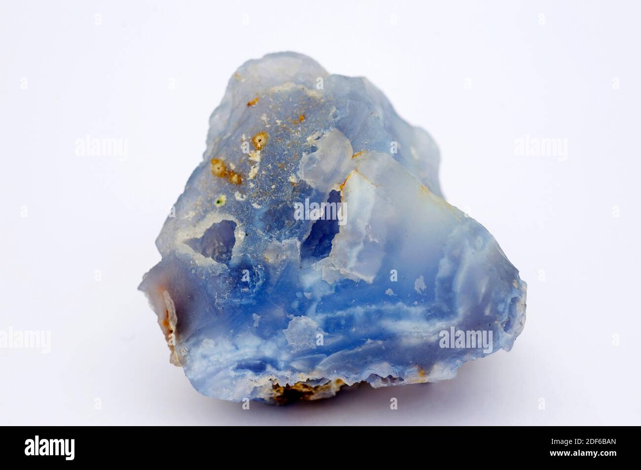 Blue chalcedony is a cryptocrystalline variety of silica composed of two minerals, quartz and moganite (silicon dioxide). This sample comes from Stock Photo