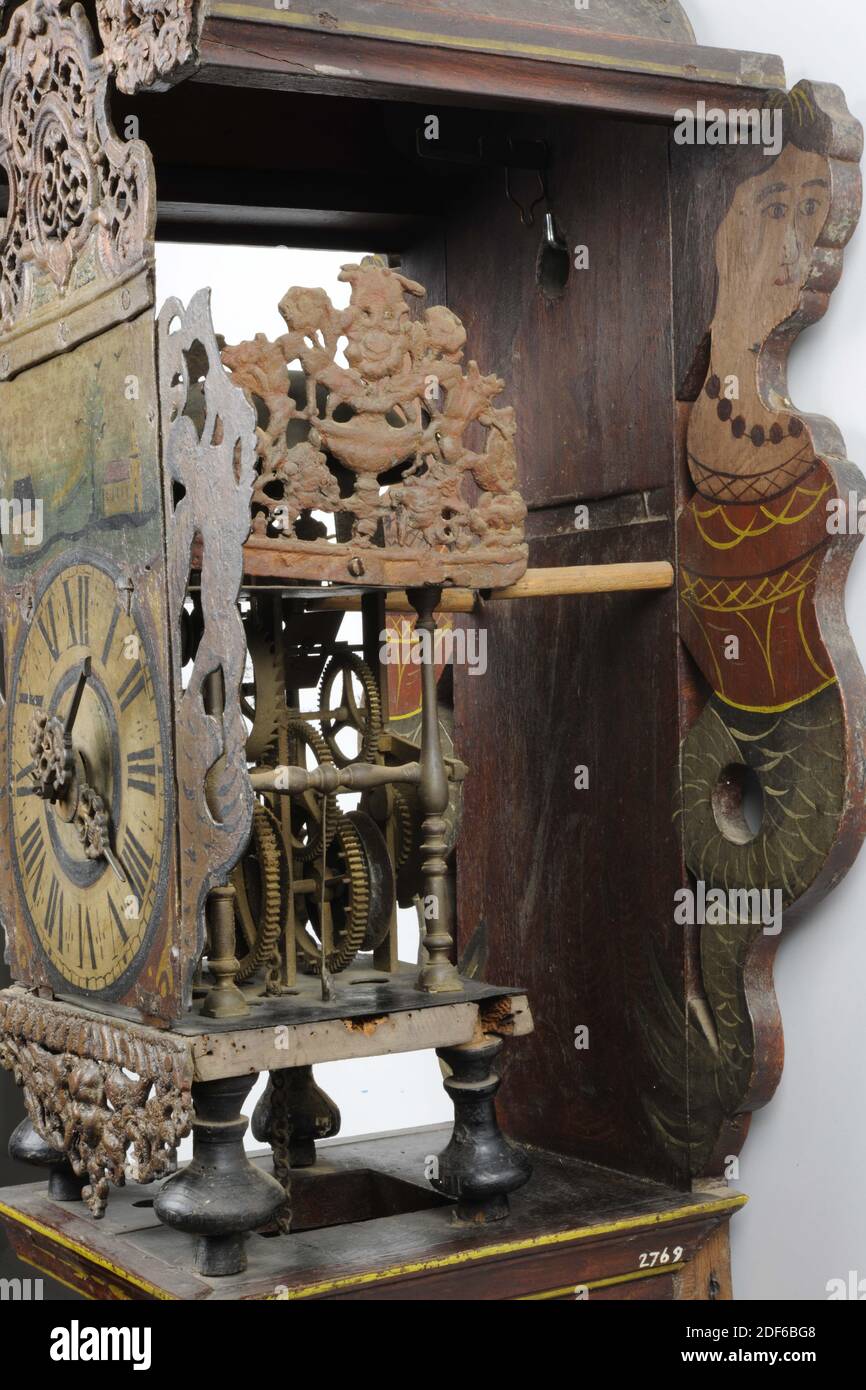 wall clock, Anonymous, 18th century, wood, lead, iron, brass, General: 67 x 32 x 24cm 670 x 320 x 240mm, church, mermaid, angel, house, bird, tree, Frisian chair clock with a flat, wall clock, Anonymous, 18th century, wood, lead, iron, brass, General: 67 x 32 x 24cm 670 x 320 x 240mm, church, mermaid, angel, house, bird, tree, Frisian chair clock with a flat,