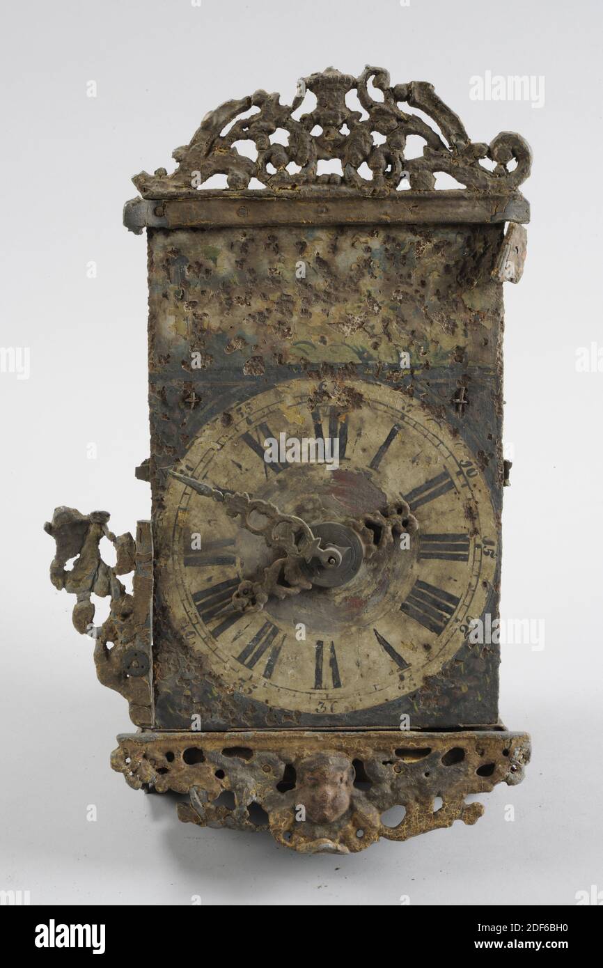 wall clock, Anonymous, 18th century, wood, iron, Back wall: 63 x 27 x 24.5cm 630 x 270 x 245mm, Movement: 31.5 x 20.5 x 13.5cm 315 x 205 x 135mm, mermaid, angel, landscape , Frisian chair clock, in separate parts :, Date 1923 Stock Photo