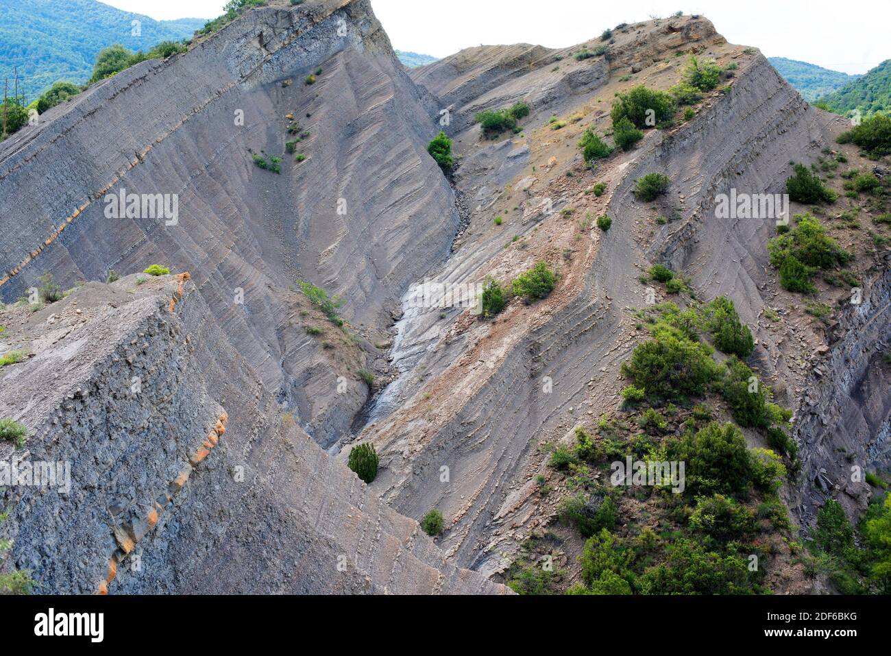 Badlands are a dry terrains formed with softer sedimentary rocks (marl), easy to erode by water or wind. This photo was taken near Labuerda, Huesca, Stock Photo