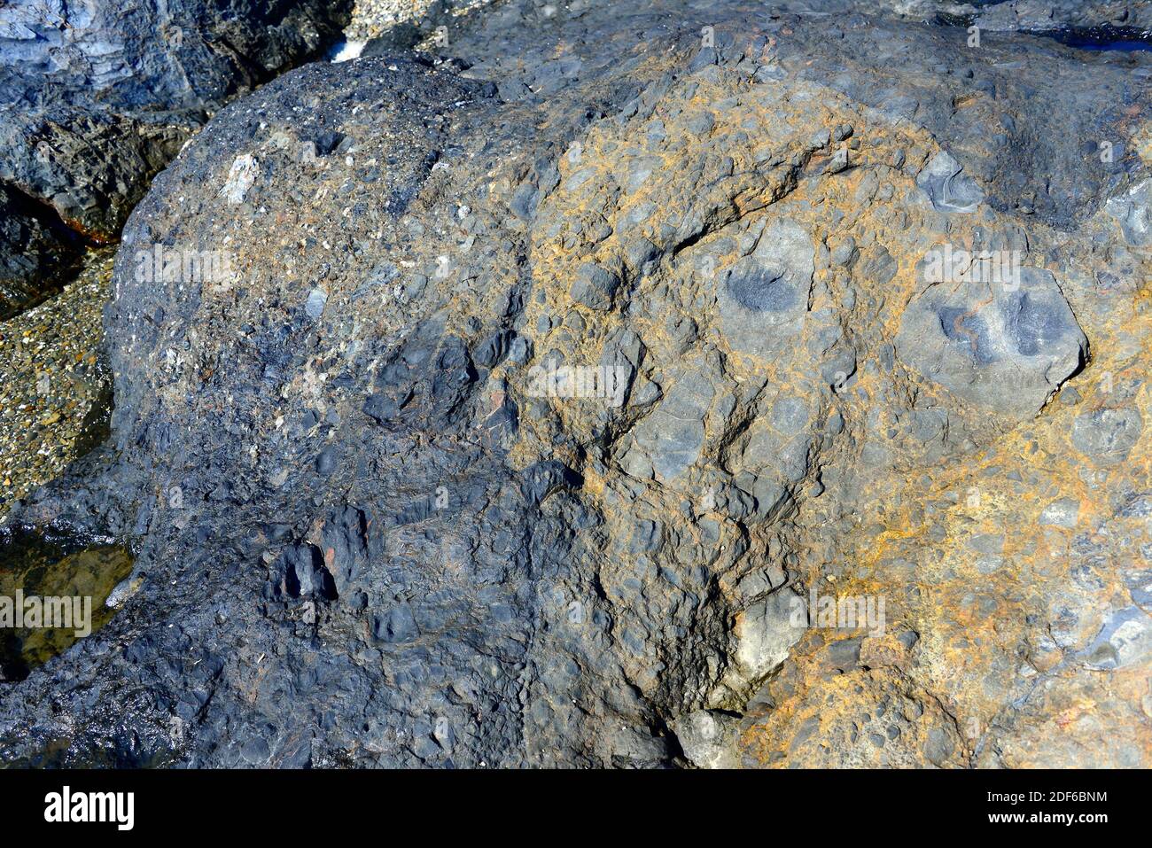 Fault breccia is a breccia formed for the grinding action of two blocks fault that rub. This photo was taken in Cabo Creus, Girona, Catalonia, Spain. Stock Photo