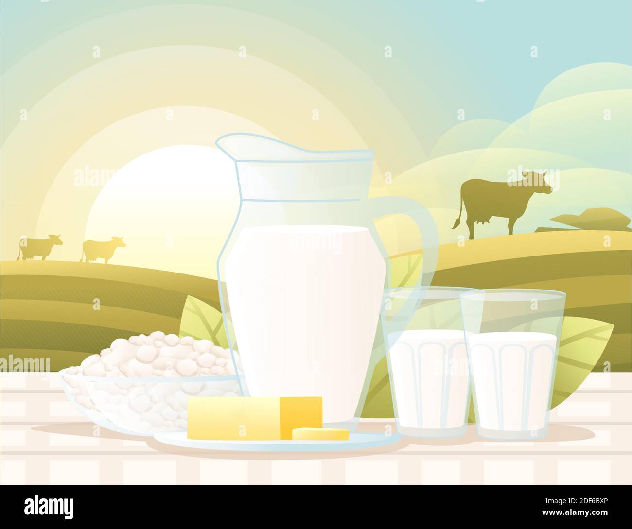 Jug and glass of milk dairy product presentation flat vector illustration  on agriculture field with sunny day on background Stock Vector Image & Art  - Alamy