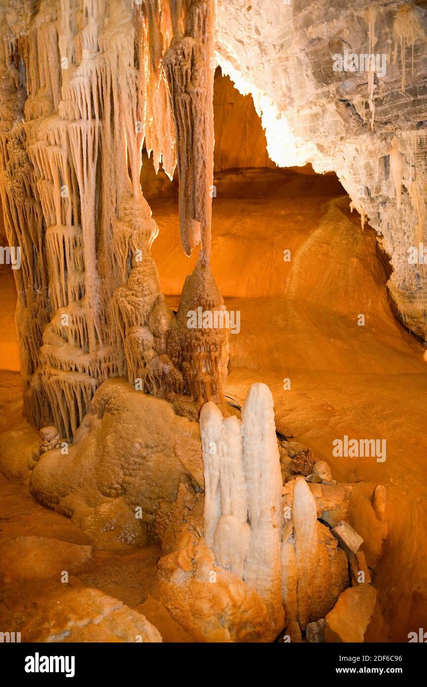 Giant chasm of Cabrespine. Cave with stalactites, stalagmites and columns. Aude, France. Stock Photo