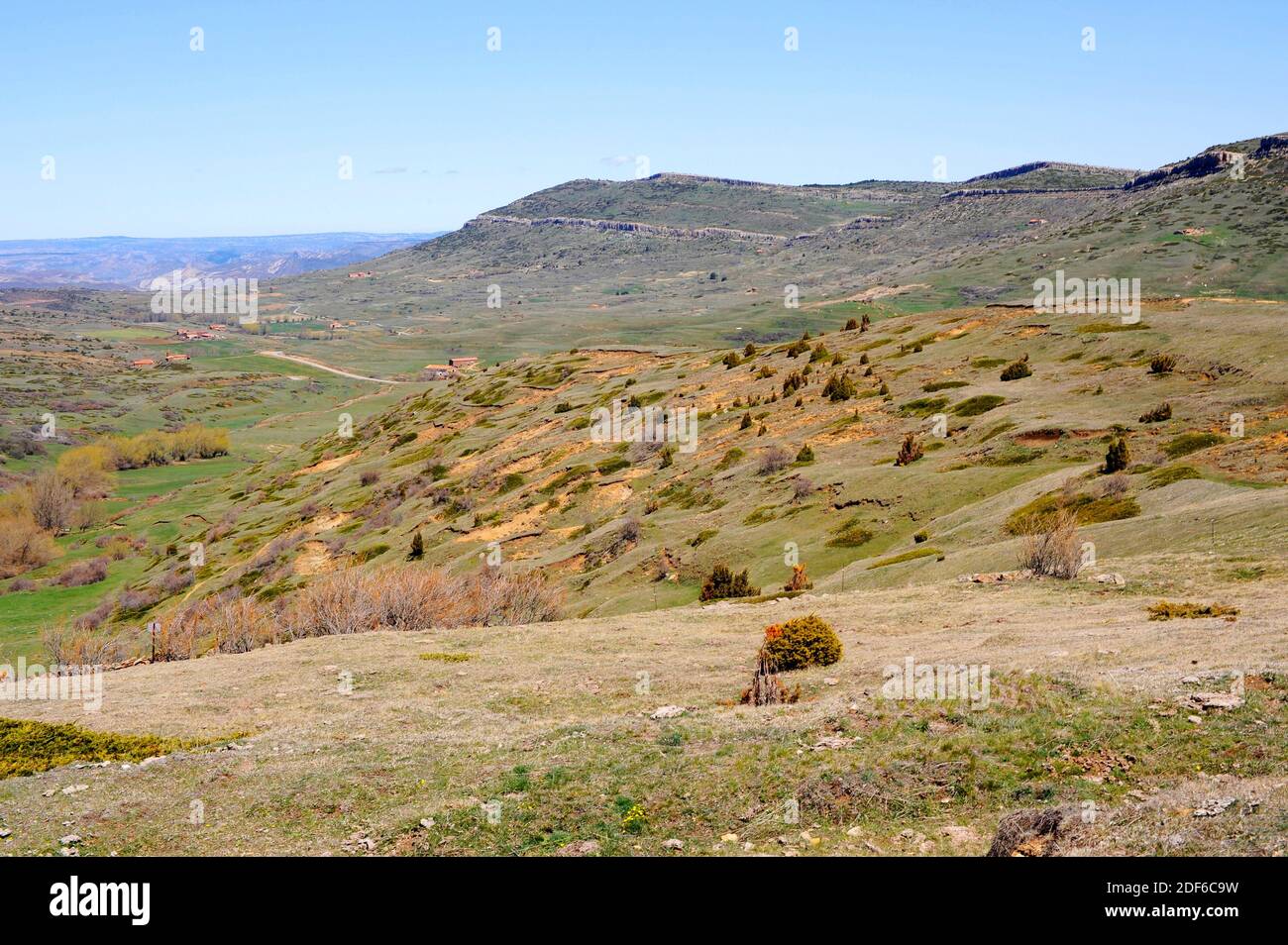 Solifluction is a mass wasting process of water satured sediment affected by gravity in colder climates. Puerto de Villarroya, Teruel, Aragon, Spain.. Stock Photo