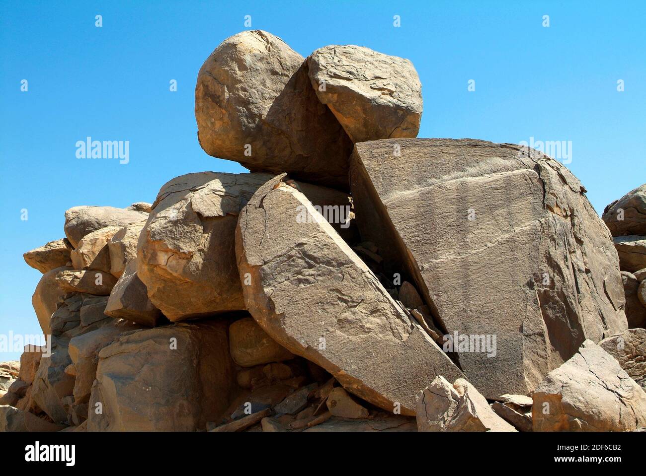 Granitic rock fragmented by thermoclasticism. Egyptian desert. Stock Photo