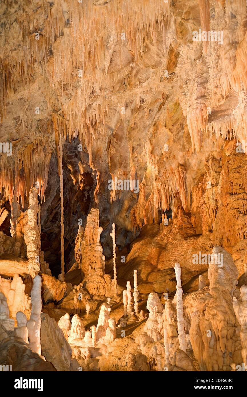 Giant chasm of Cabrespine. Cave with stalactites, stalagmites and columns. Aude, France. Stock Photo