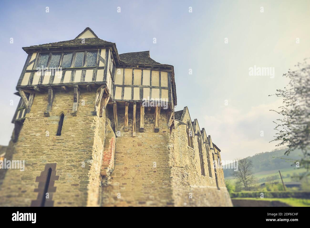 North Tower of Stokesay Castle, a preserved fortified Medieval Manor House near Craven Arms in Shropshire, UK on a sunny spring day. Stock Photo