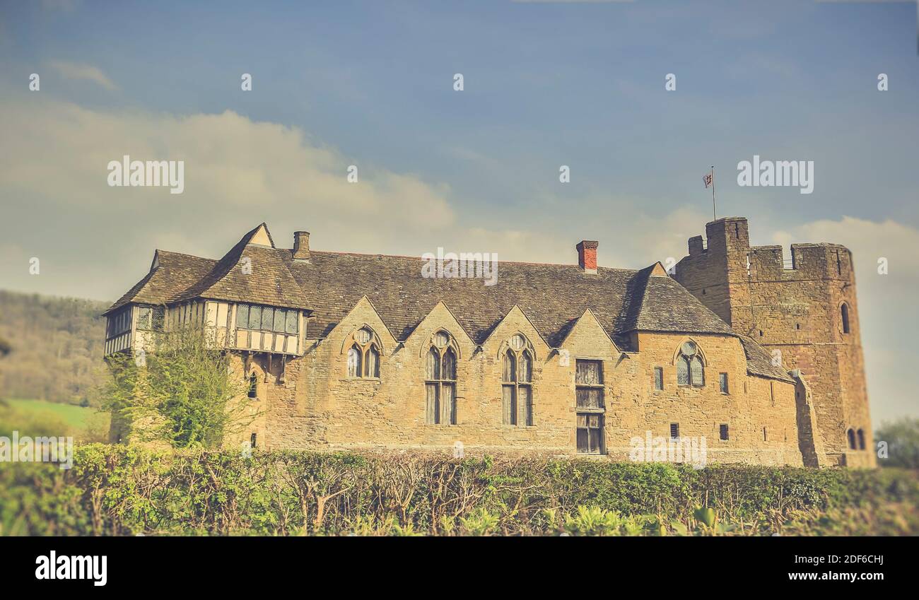 Stokesay Castle, a preserved, fortified, British Medieval Manor House near Craven Arms in Shropshire, UK, in spring sunshine. Stock Photo