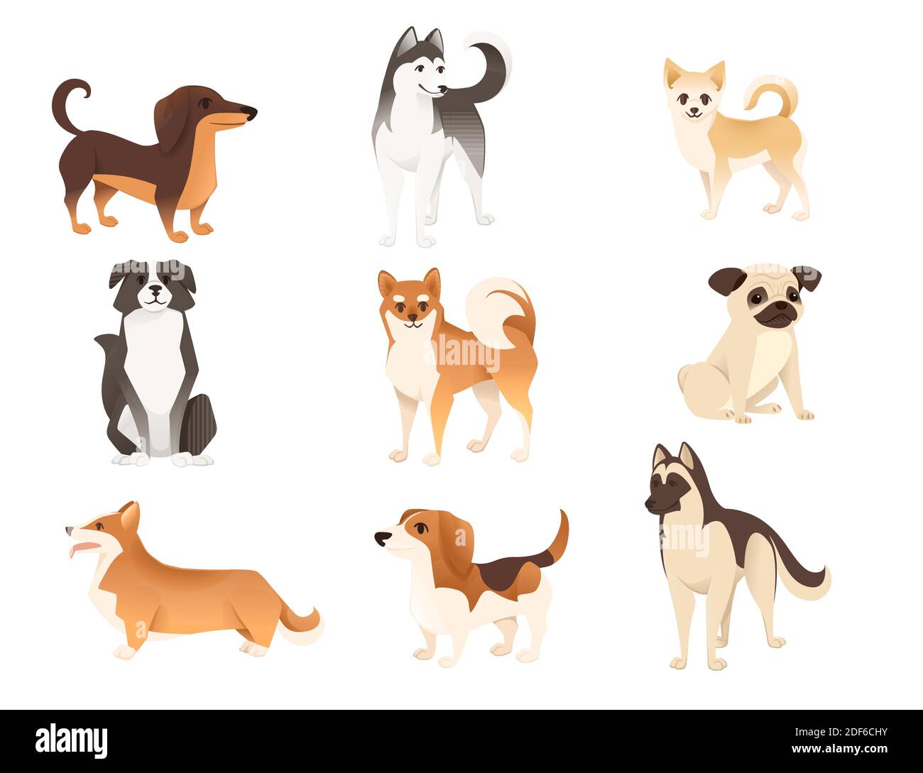 Set of cute domestic dog characters cartoon animal design flat vector ...
