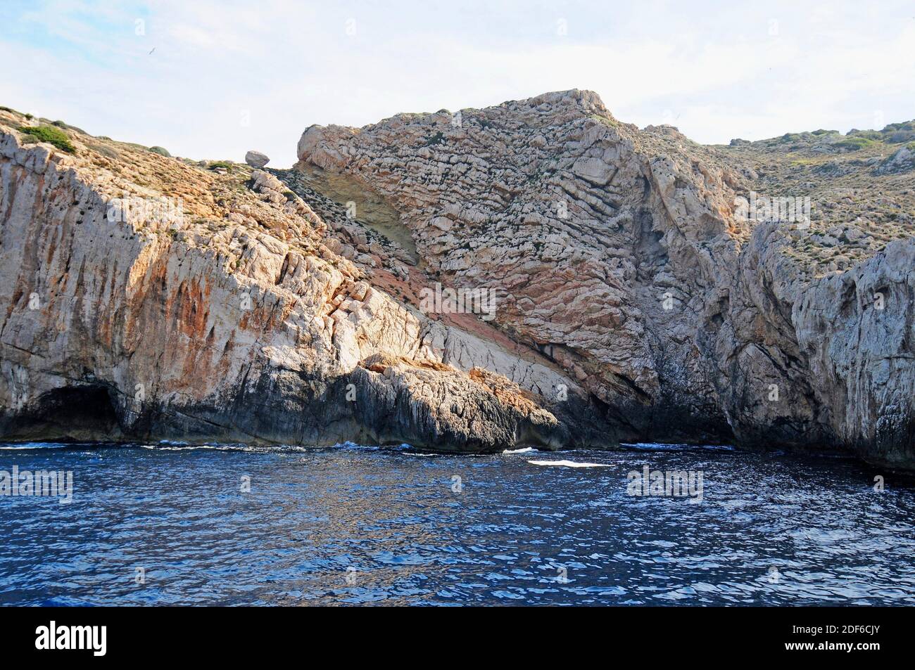 Reverse or thrust fault in limestone. Cabrera National Park, Balearic Islands, Spain. Stock Photo