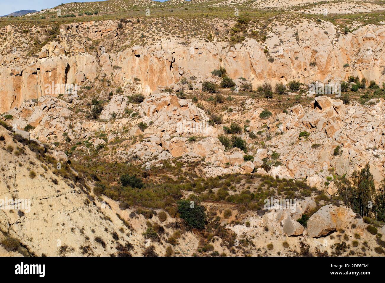 Gypsum karst in Sorbas Natural Park, Almeria, Andalusia, Spain. At the bottom Rio Aguas. Stock Photo